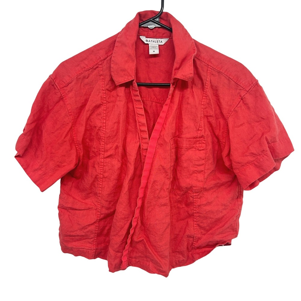 Athleta Coral Linen Crop Shirt M Coastal Resort Beach Vacation Minimalist